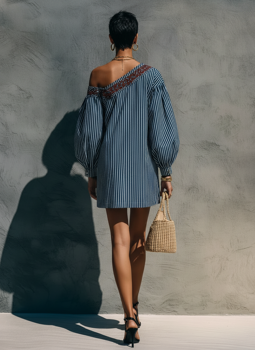 Women's Minimalist Striped One-Shoulder Long-Sleeve Embroidered Mini Dress MDZ1165F9WY