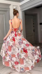 White Base Red Floral Halter Corset Maxi Gown