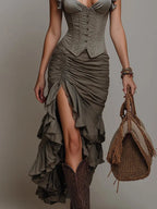 Ruffle Shaping Bra-Style Tank And Ruched High Slit Skirt Set