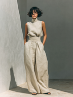 Women's Minimalist Cotton And Linen Blend Sleeveless Blouse And Wide-leg Pants Set MDZ0873A5Y