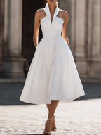 Structured Halter Collar A-Line Midi Dress