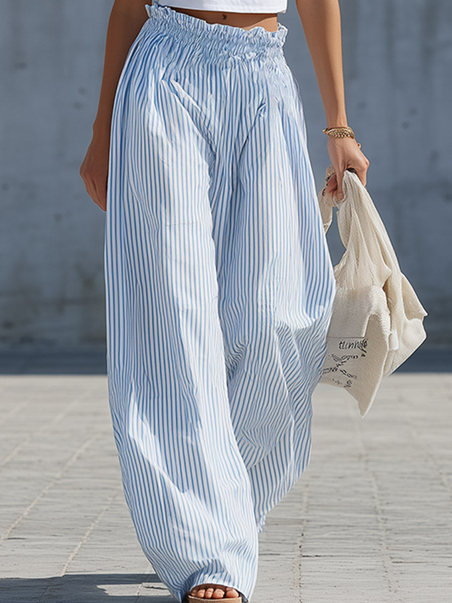 Stylish Casual White Cotton Tank Top And Blue Striped Pants Set