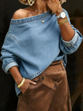 Women's Casual Wide Round Neck Off-shoulder Denim Shirt