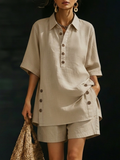 Women’s Linen Shirt & Shorts Two-Piece Set – Casual Cozy Loose-fitting Button-Up Summer Outfit