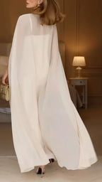 Two Piece Cream Satin Maxi Dress with Chiffon Cape