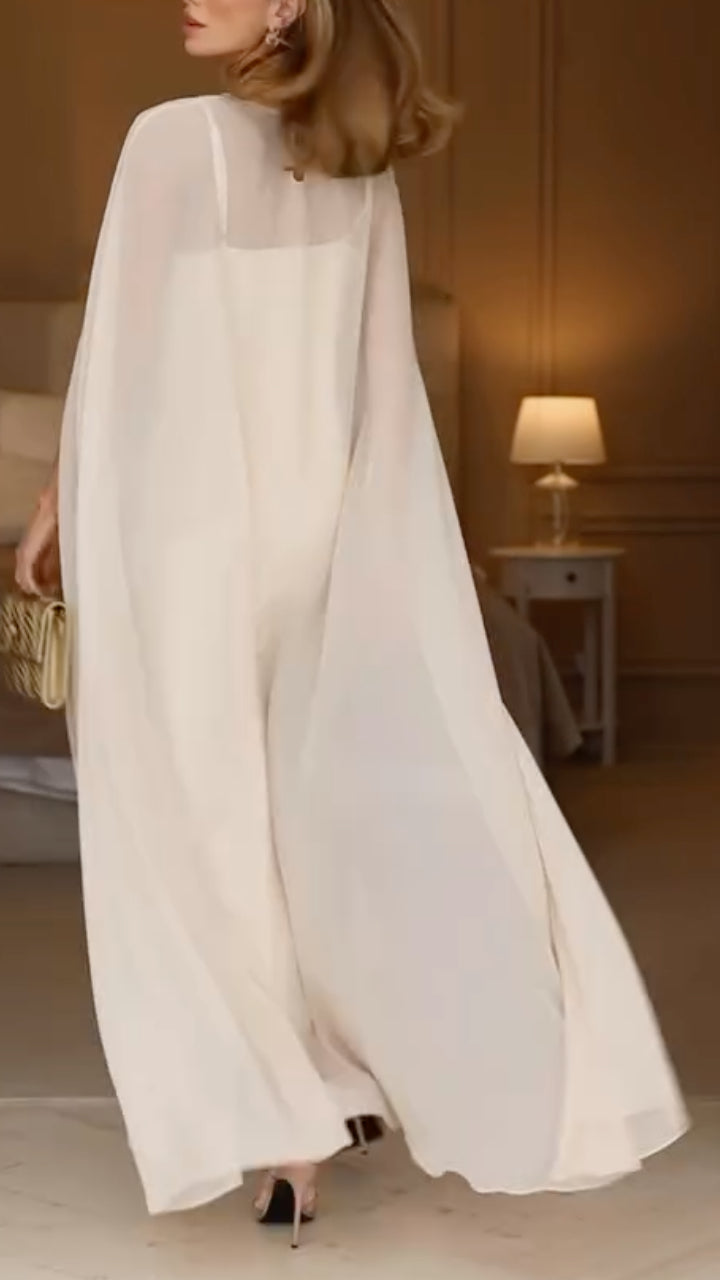 Two Piece Cream Satin Maxi Dress with Chiffon Cape