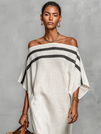 Women's Minimalist Linen Blend Off-the-shoulder Batwing Sleeve Straight-cut Maxi Dress MDZ0949A8Y