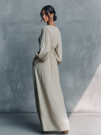 Women's Beige Cotton Linen Striped V-Neck Shirred Waist Maxi Dress MDZ0361C4BA