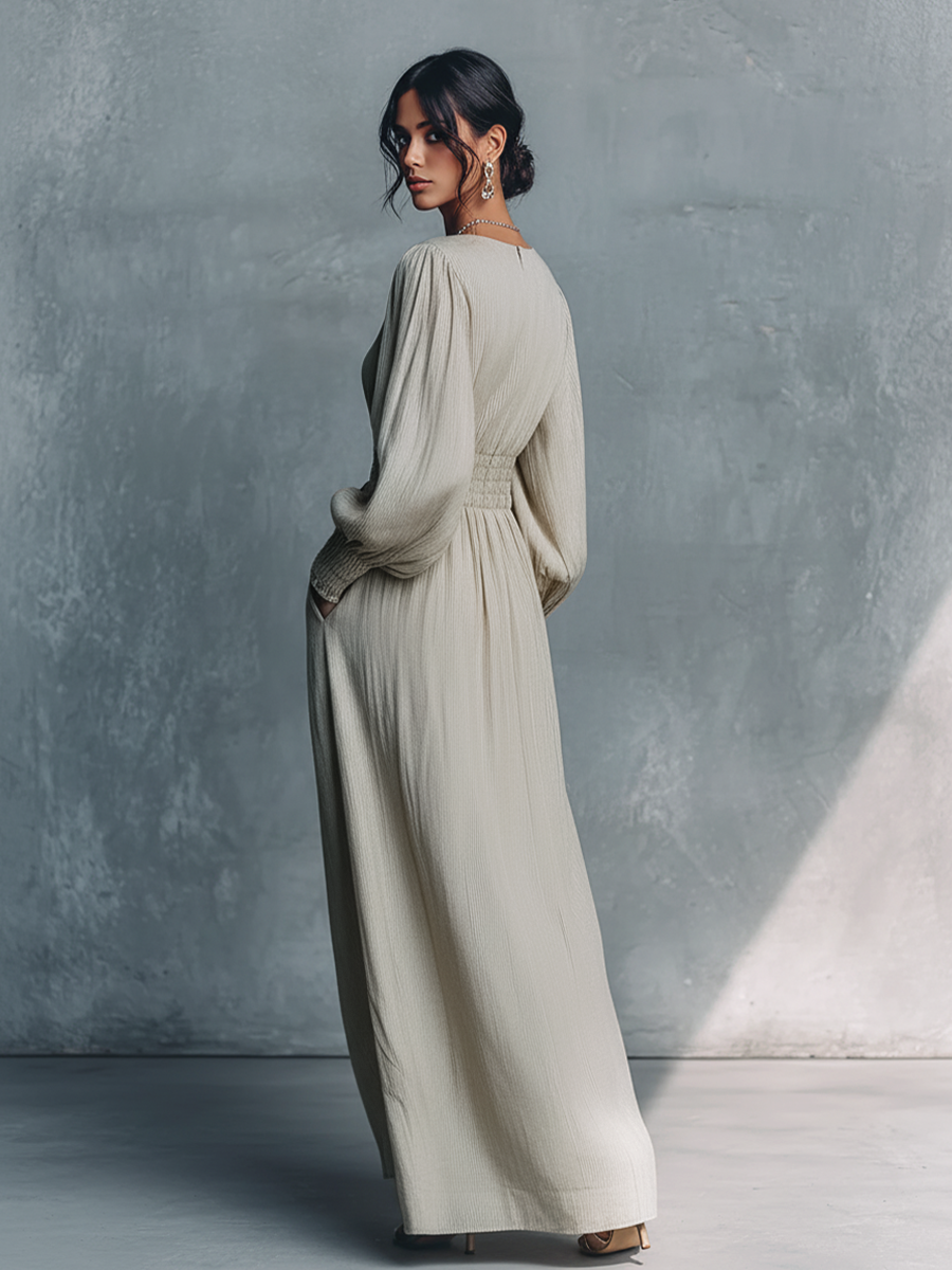 Women's Beige Cotton Linen Striped V-Neck Shirred Waist Maxi Dress MDZ0361C4BA