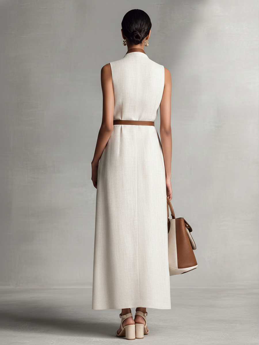 Women's Sleeveless V-Neck Tie-Waist Cotton Linen Maxi Dress MDZ1153B7BA