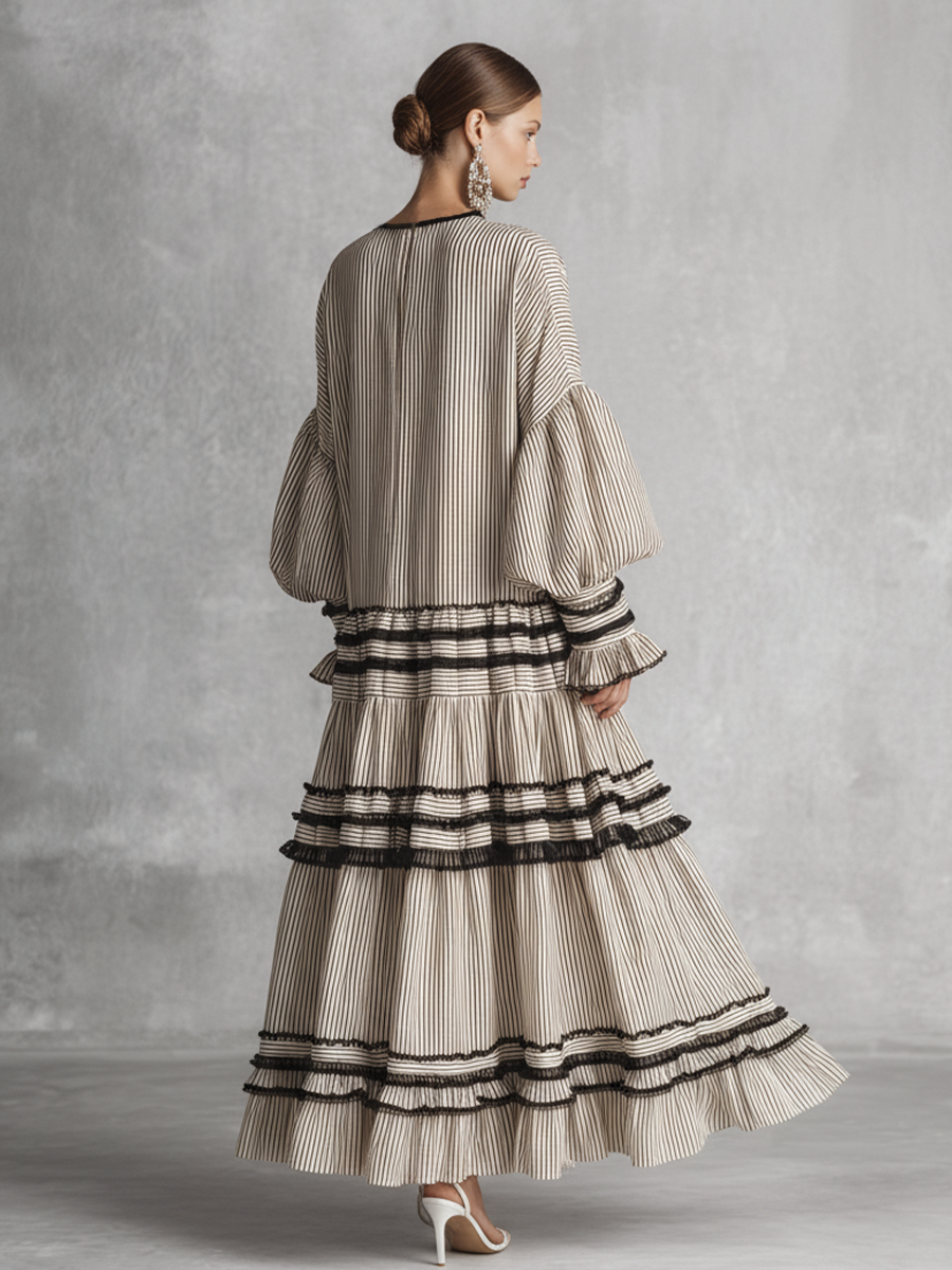 Women's Boho Striped Ruffle Tiered Cotton Blend Long Sleeve Maxi Dress MDZ1426B2BA
