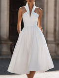Structured Halter Collar A-Line Midi Dress