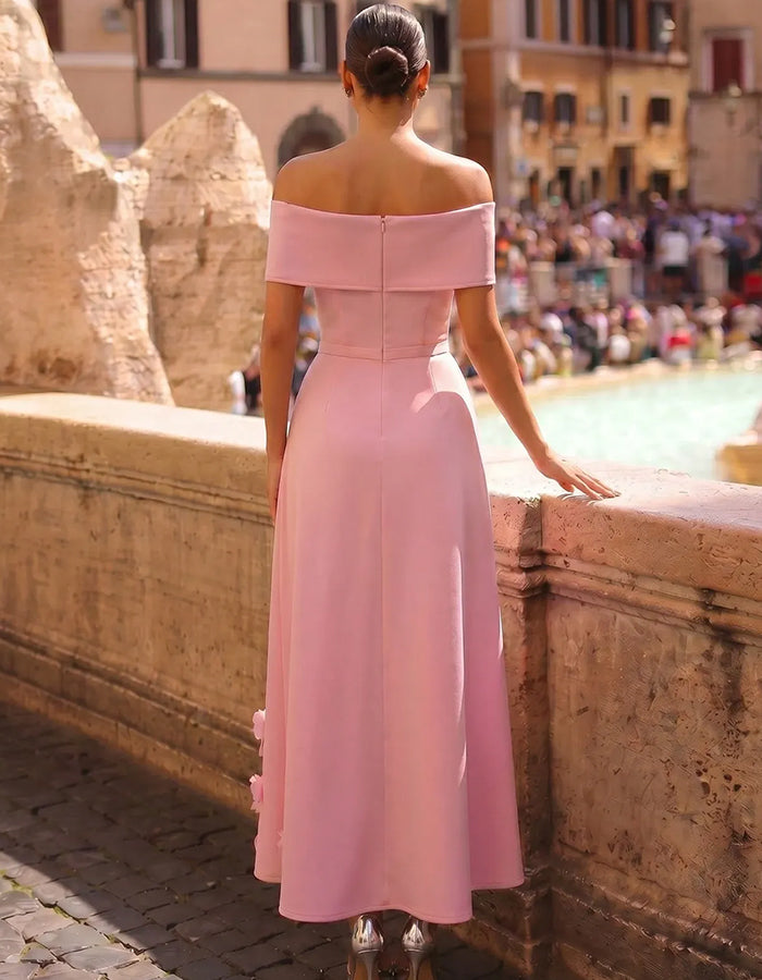 Pink Off Shoulder 3D Handmade Flower Maxi Dress
