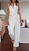 White Sleeveless Wrap Tie Vest & Wide Leg Pant 2 Piece Set