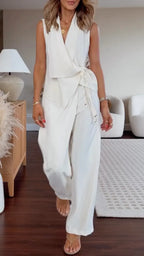 White Sleeveless Wrap Tie Vest & Wide Leg Pant 2 Piece Set
