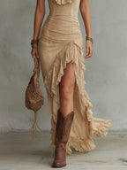 Boho Ruffled-Collar Lace High Slit Maxi Dress