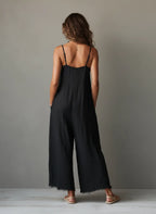 Women's Minimalist Loose-Fit Linen-Blend Jumpsuit With Lace Neckline, Spaghetti Straps, And Frayed Hems MDZ0171F3Y