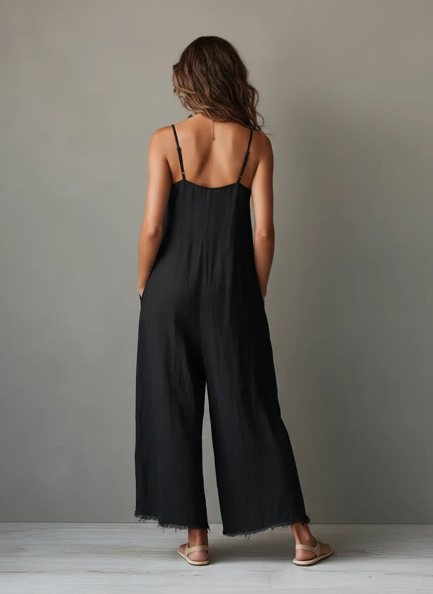 Women's Minimalist Loose-Fit Linen-Blend Jumpsuit With Lace Neckline, Spaghetti Straps, And Frayed Hems MDZ0171F3Y