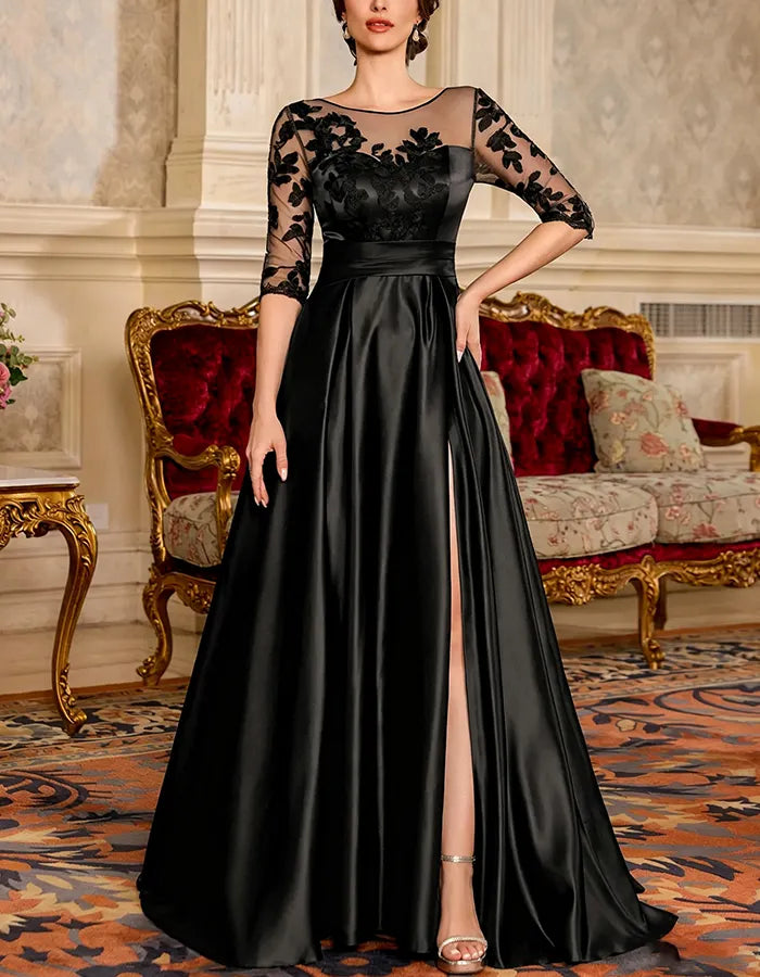 Black Illusion Lace 3/4 Sleeve High Slit Pocket Satin A-Line Maxi Dress