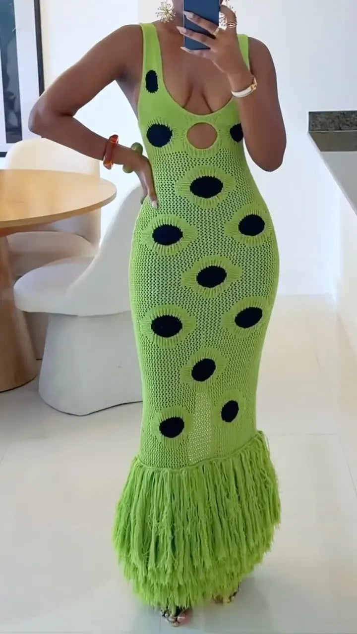 Neon Green Hollow Out Knit Fringe Mermaid Maxi Dress