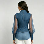 Blue Denim Sheer Mesh Blouse