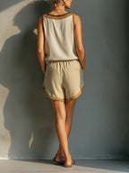 Women's Beige Linen-Blend Contrast Trim V-Neck Tank Top & Khaki Shorts Two-Piece Set MDZ2086C2T