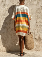 Satin Crew Neck Rainbow Print Mini Dress