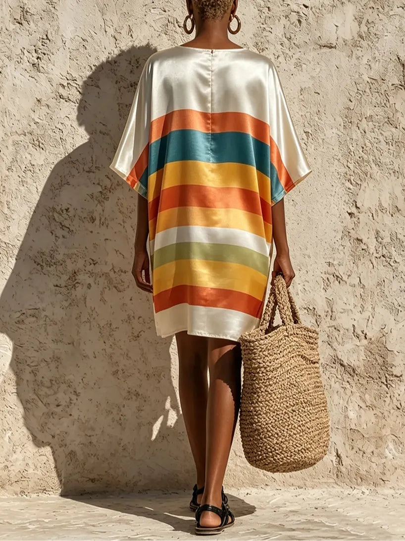 Satin Crew Neck Rainbow Print Mini Dress