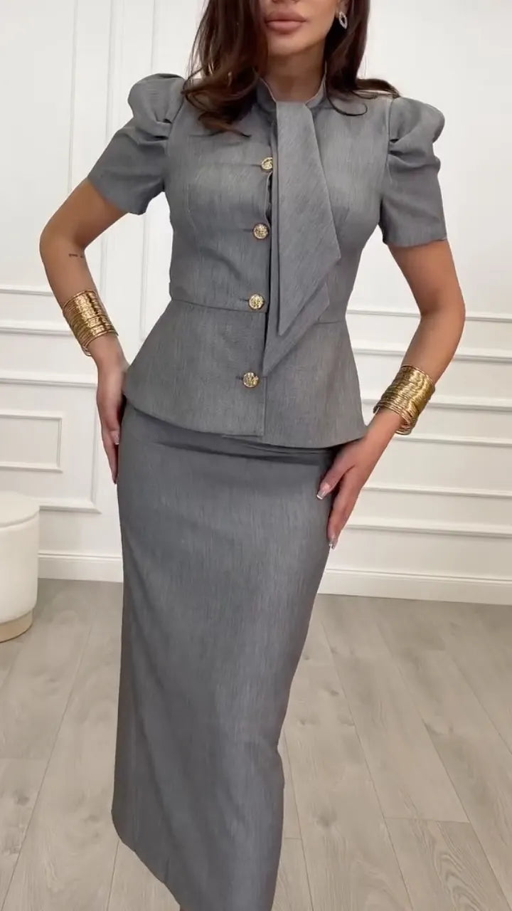 Gray Stand Collar Tie Waist Blazer Pencil Skirt Suit
