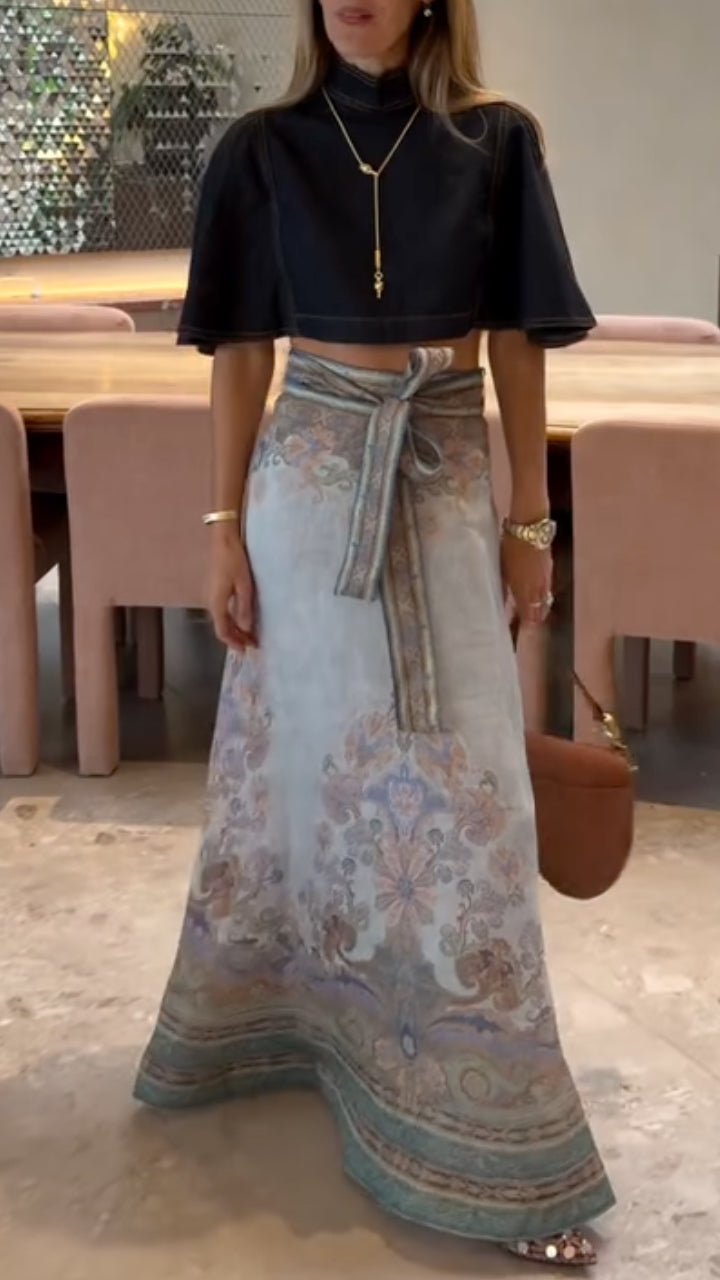 Black Crop Top & Vintage Paisley Print Maxi Skirt 2 Piece Set