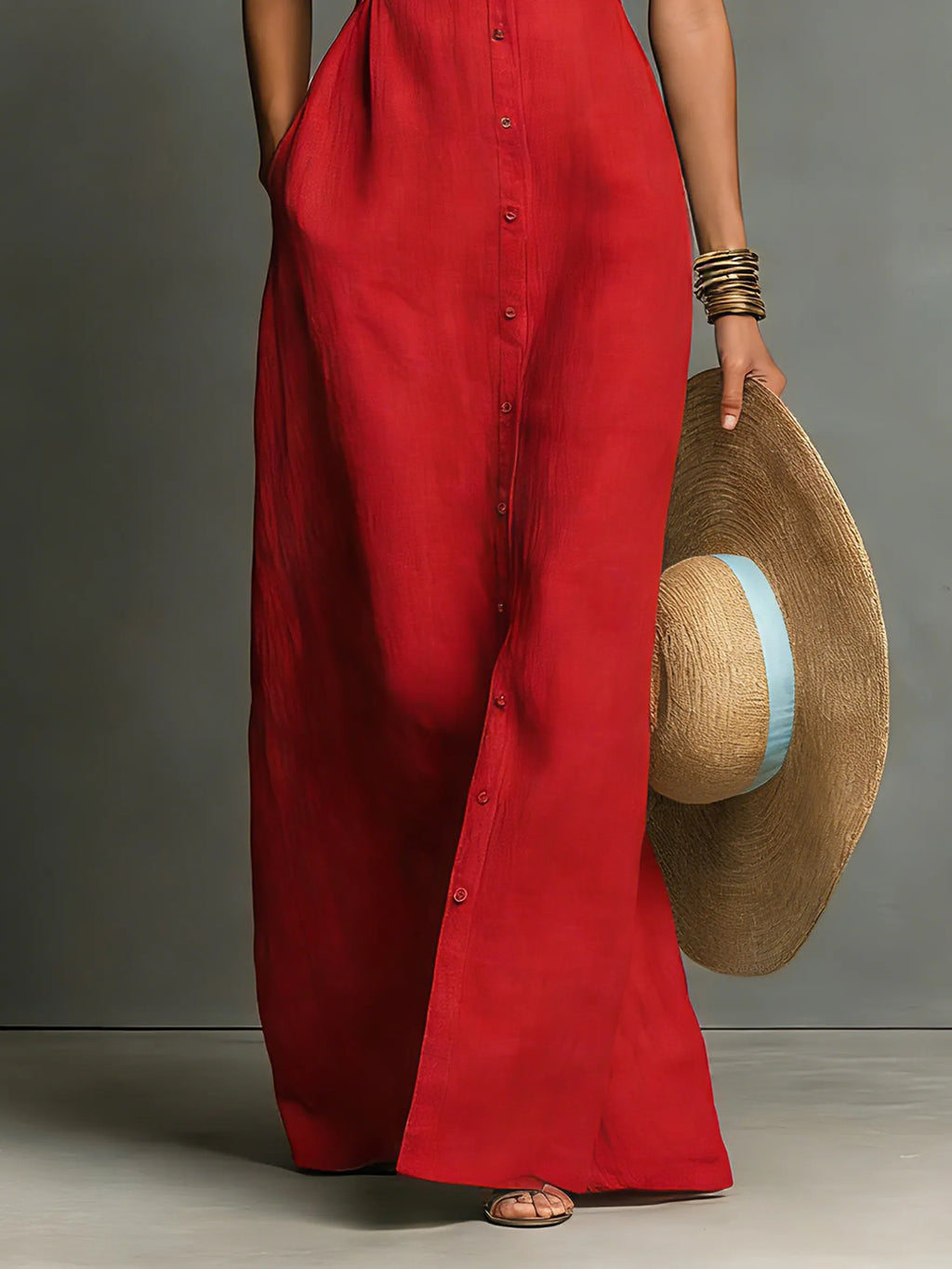 Women's Minimalist Linen-Blend Collared Single-Breasted Sleeveless Maxi Shirt Dress MDZ1011C0Y
