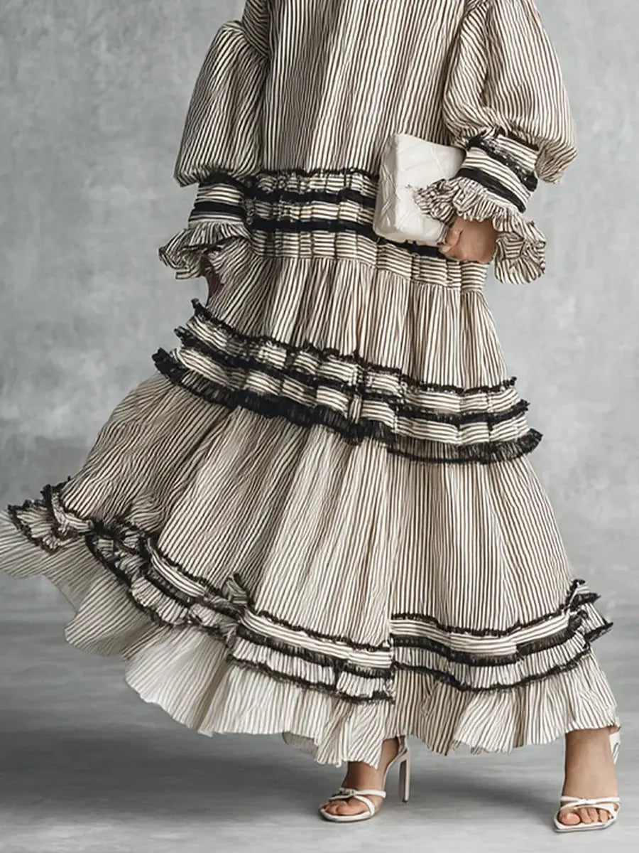 Women's Casual Stylish Vacation Art Striped Ruffled Cotton Maxi Dress