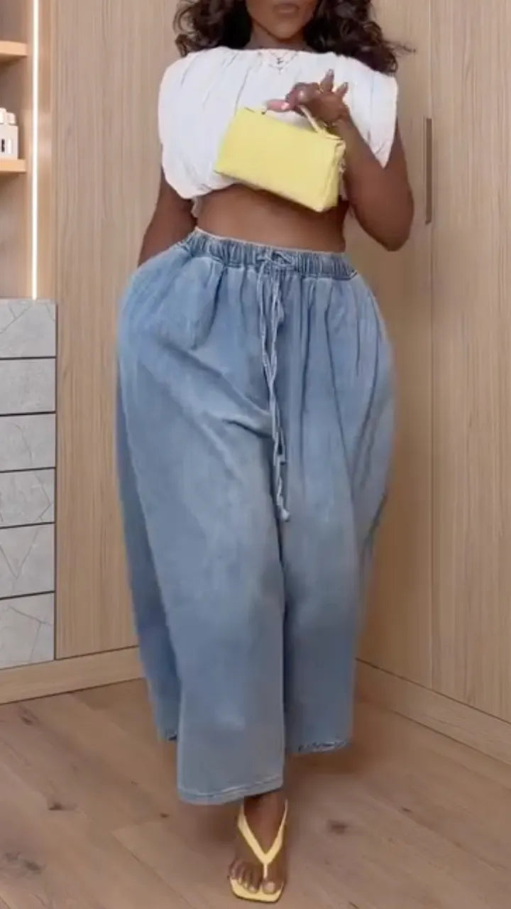 Sleeveless Bubble Crop Top & Drawstring Denim Wide Leg Pants Set