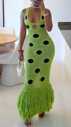 Neon Green Hollow Out Knit Fringe Mermaid Maxi Dress