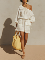 Women's White Linen-Blend Off-the-Shoulder Jumpsuit With Drawstring Neck & Cargo Pocket Shorts, Casual Summer Vacation Jumpsuit MDZ1233F5LYL