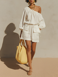 Women's White Linen-Blend Off-the-Shoulder Jumpsuit With Drawstring Neck & Cargo Pocket Shorts, Casual Summer Vacation Jumpsuit MDZ1233F5LYL