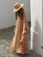 Bohemian Peach Floral Embroidered Kaftan Dress