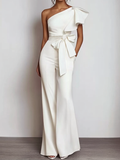 Women White Bow One Shoulder Wide-Leg Jumpsuit