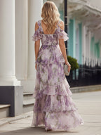 Cold Shoulder Floral Tiered Maxi Dress