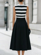 Chic Striped Sleeveless Midi Dress With Pockets