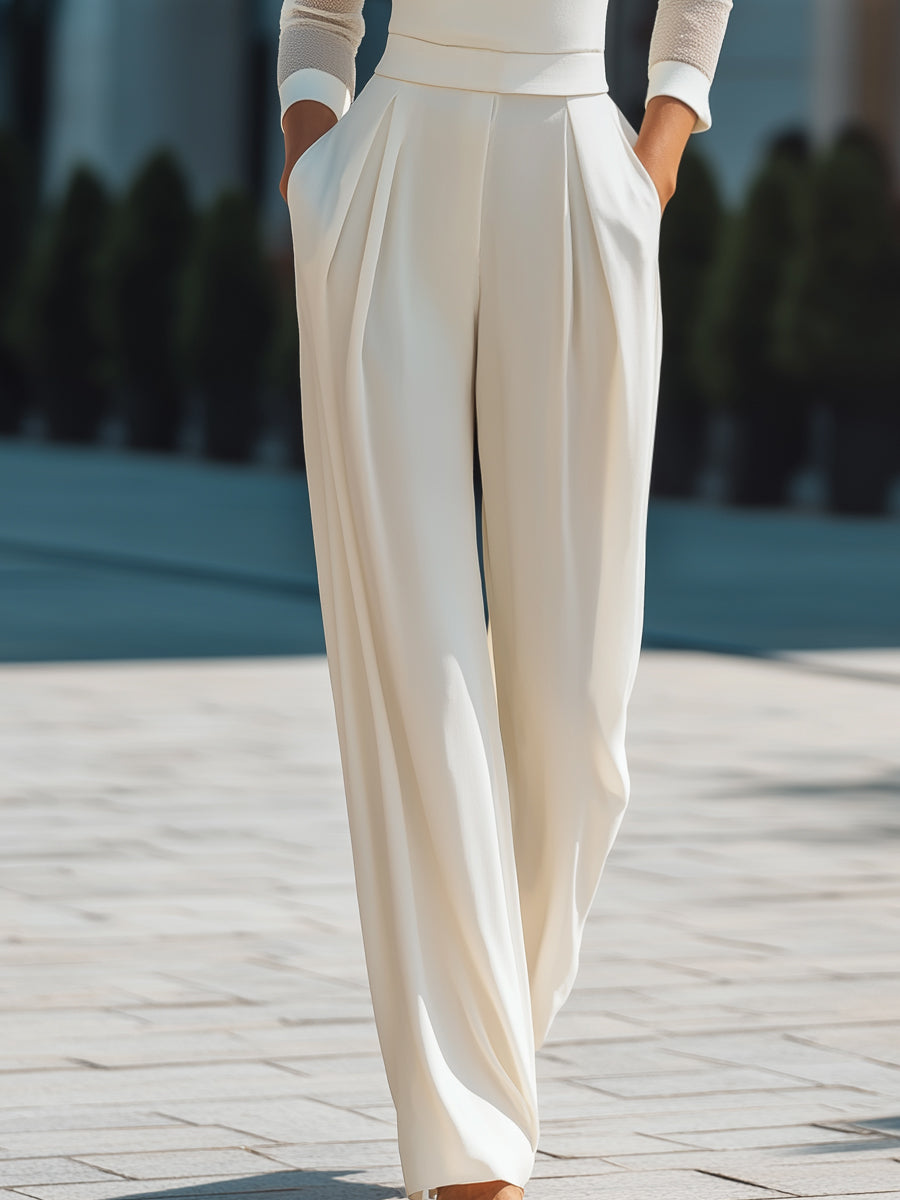 High Neck Sheer Sleeve Tailored Wide-Leg Jumpsuit