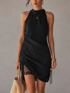 Black Textured Drawstring Lace Sleeveless Mini Dress