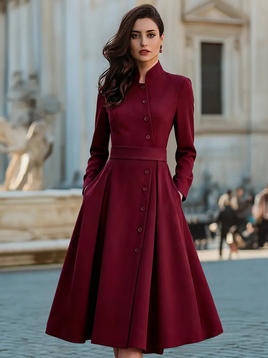 Elegant Band Collar Button-Down Midi Dress With Belt