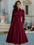 Elegant Band Collar Button-Down Midi Dress With Belt