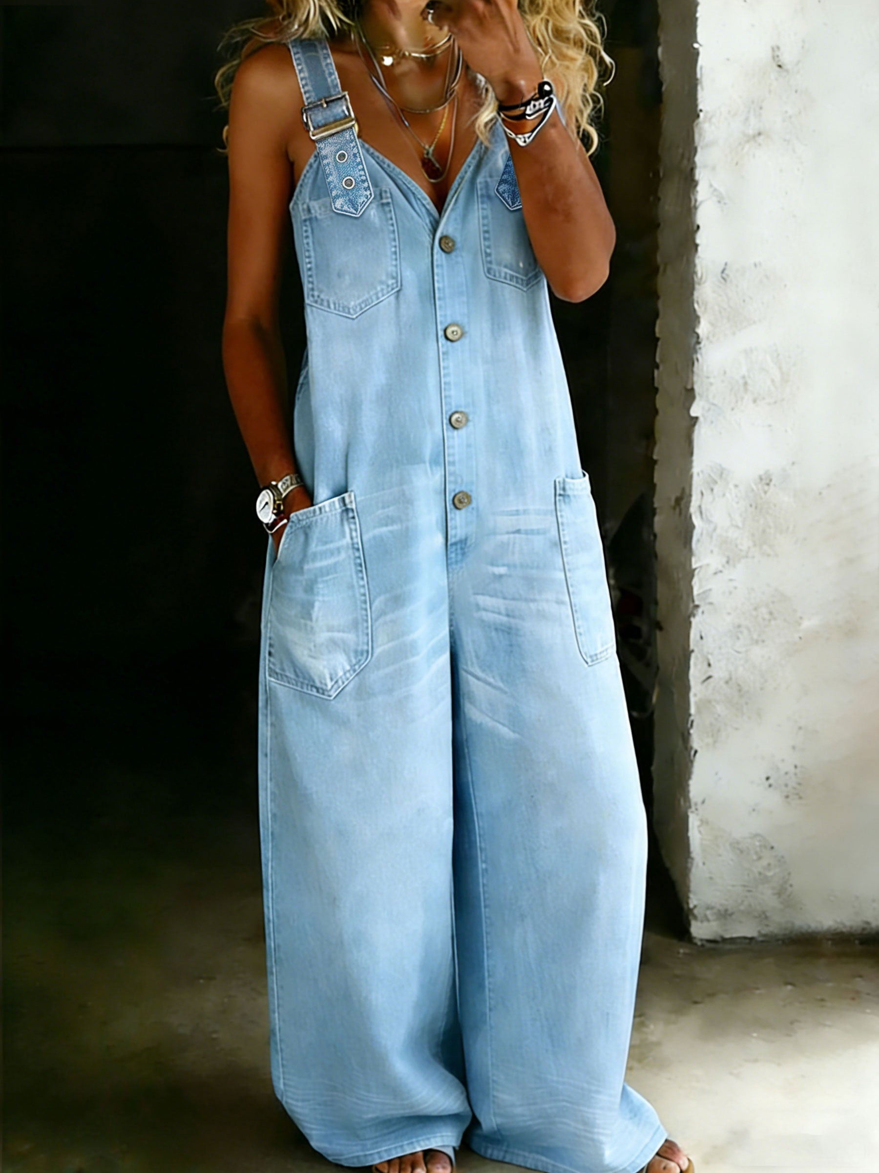 Women’s Stylish Cotton One Piece Shirt Denim Jumpsuit