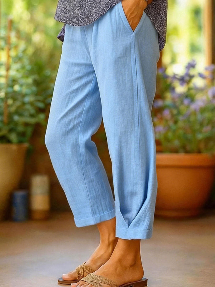 Women's Cotton-linen Solid Color Elastic Waist Pockets Straight Leg Loose-fit Casual Trousers
