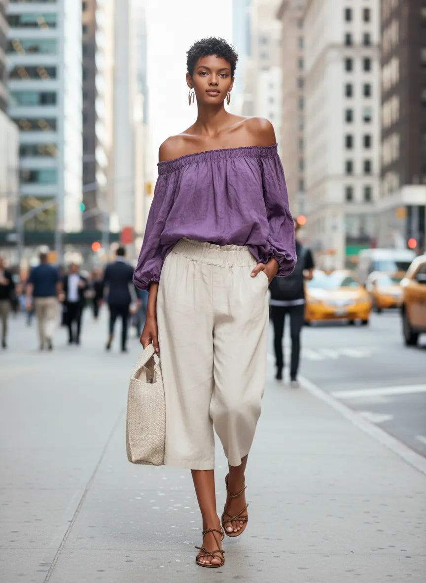 Women's Casual Style Purple Cotton And Linen Off-shoulder Long Lantern Sleeve Top MDZ0697E3GMJ