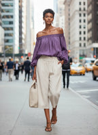Women's Casual Style Purple Cotton And Linen Off-shoulder Long Lantern Sleeve Top MDZ0697E3GMJ