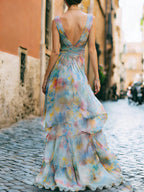 Elegant Watercolor Print High-Low Chiffon Maxi Dress
