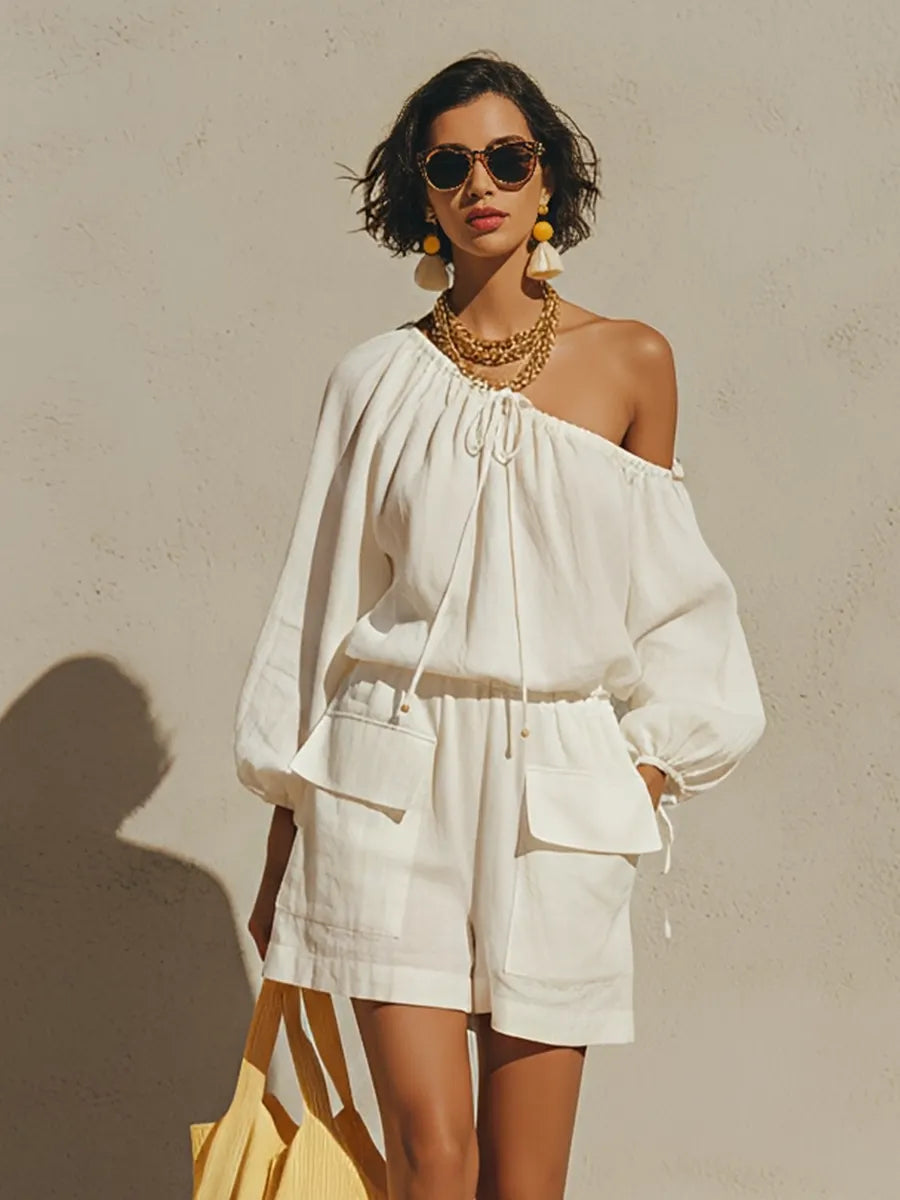 Women's White Linen-Blend Off-the-Shoulder Jumpsuit With Drawstring Neck & Cargo Pocket Shorts, Casual Summer Vacation Jumpsuit MDZ1233F5LYL